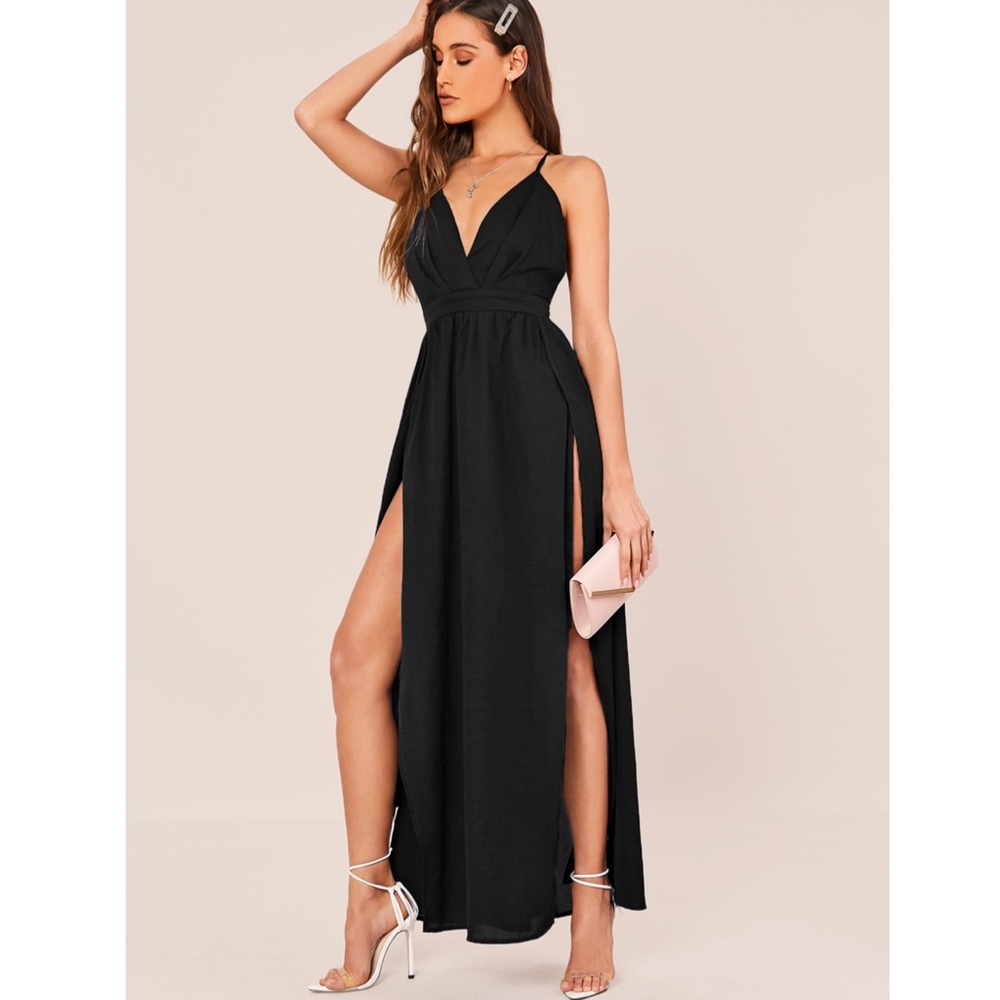Deep V Backless High Leg Slit Maxi Dress in Black - Picture 2 of 9